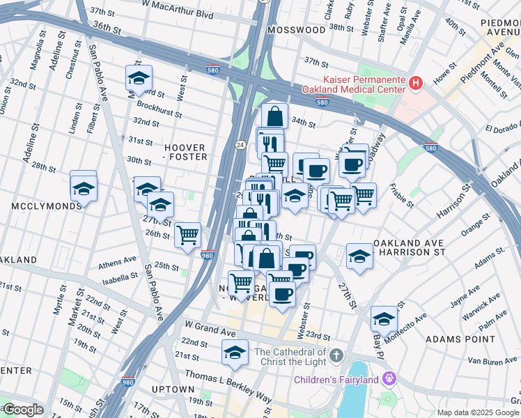map of restaurants, bars, coffee shops, grocery stores, and more near 2831 Telegraph Avenue in Oakland