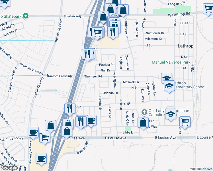 map of restaurants, bars, coffee shops, grocery stores, and more near 339 Blue Sky Drive in Lathrop