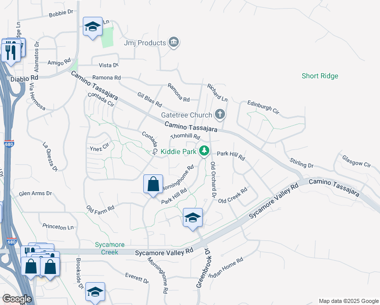 map of restaurants, bars, coffee shops, grocery stores, and more near 438 Sycamore Hill Drive in Danville