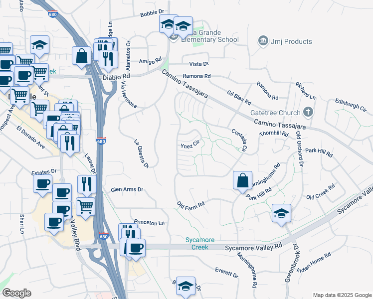 map of restaurants, bars, coffee shops, grocery stores, and more near 716 Ynez Circle in Danville