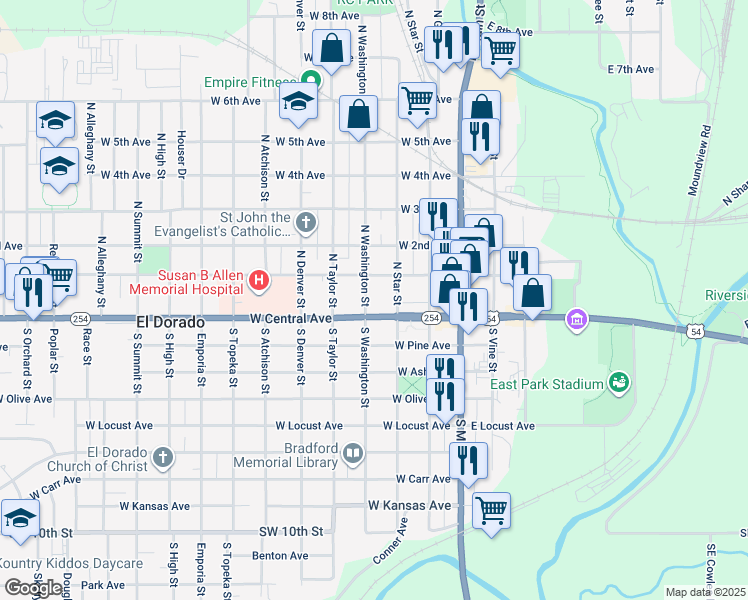 map of restaurants, bars, coffee shops, grocery stores, and more near 112 North Washington Street in El Dorado