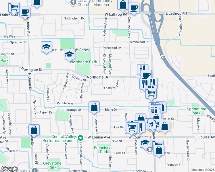 map of restaurants, bars, coffee shops, grocery stores, and more near 511 Eastwood Avenue in Manteca
