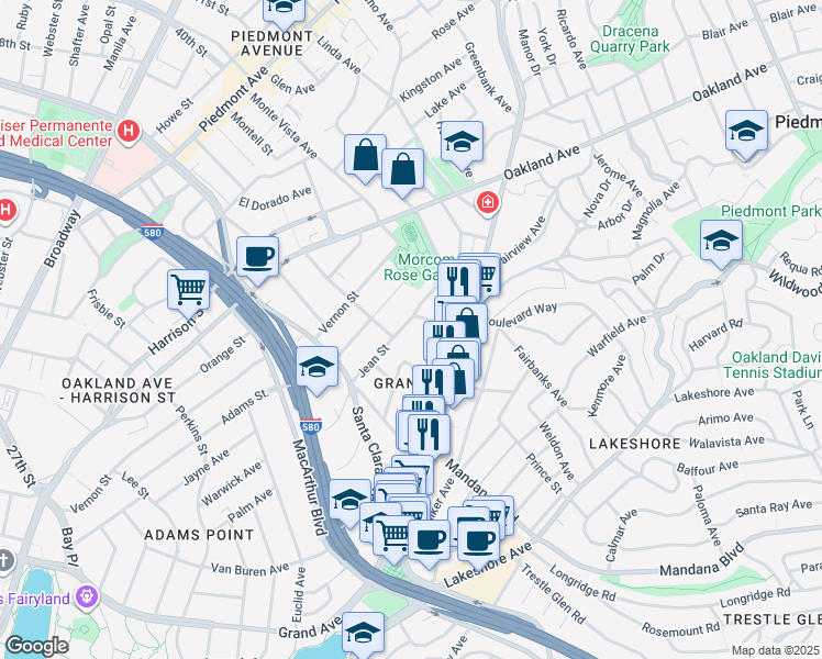 map of restaurants, bars, coffee shops, grocery stores, and more near 624 Jean Street in Oakland