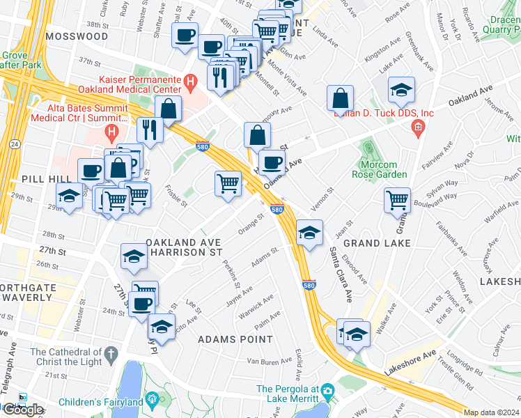 map of restaurants, bars, coffee shops, grocery stores, and more near 430 Oakland Avenue in Oakland