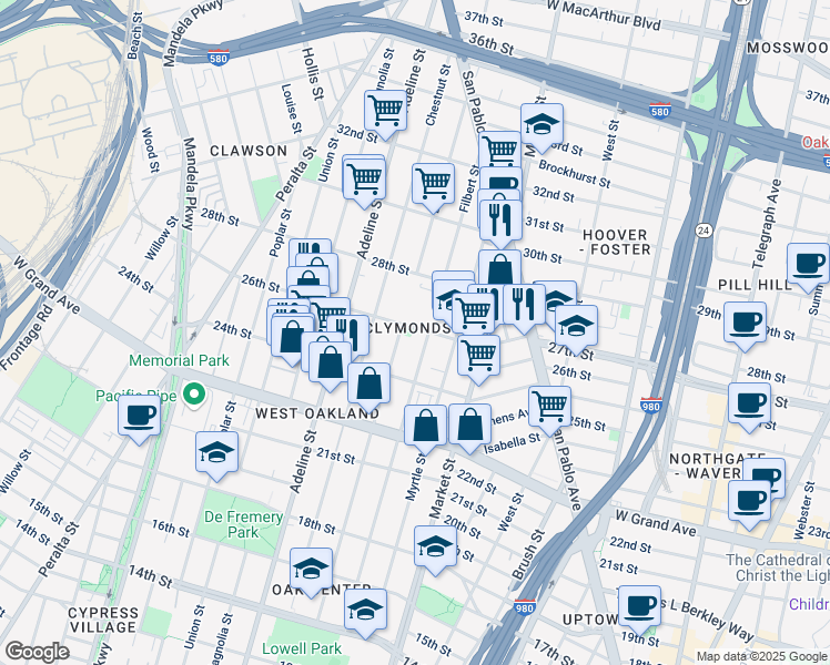 map of restaurants, bars, coffee shops, grocery stores, and more near in Oakland