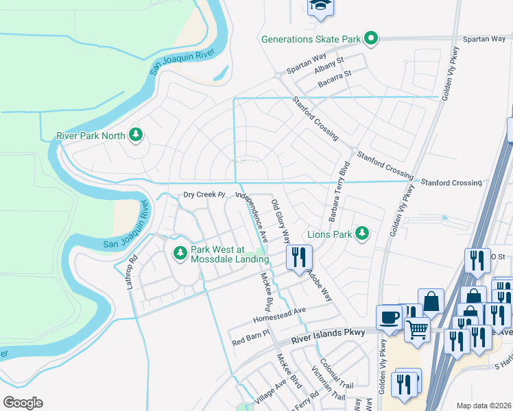 map of restaurants, bars, coffee shops, grocery stores, and more near 15824 Independence Avenue in Lathrop