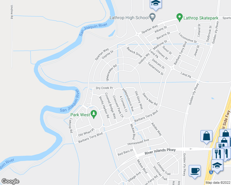 map of restaurants, bars, coffee shops, grocery stores, and more near 15810 Crescent Park Circle in Lathrop
