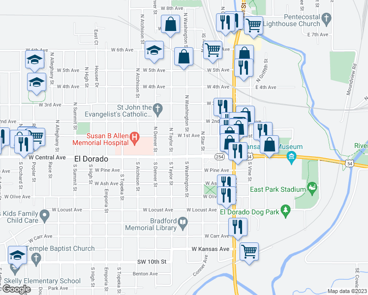 map of restaurants, bars, coffee shops, grocery stores, and more near 111 North Washington Street in El Dorado
