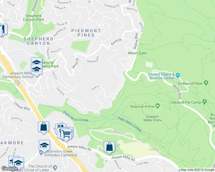 map of restaurants, bars, coffee shops, grocery stores, and more near 18 Cornwall Court in Oakland