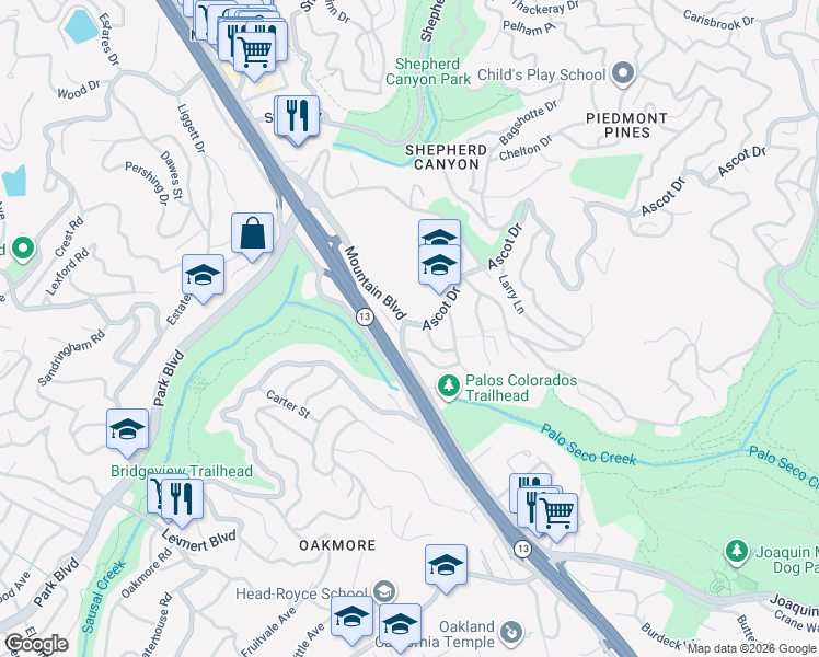 map of restaurants, bars, coffee shops, grocery stores, and more near 5450 Ascot Drive in Oakland