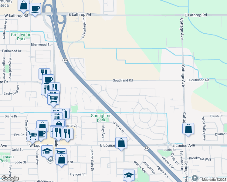 map of restaurants, bars, coffee shops, grocery stores, and more near 560 Conrad Court in Manteca