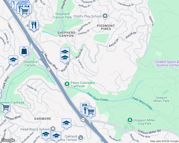 map of restaurants, bars, coffee shops, grocery stores, and more near 80 Larry Lane in Oakland