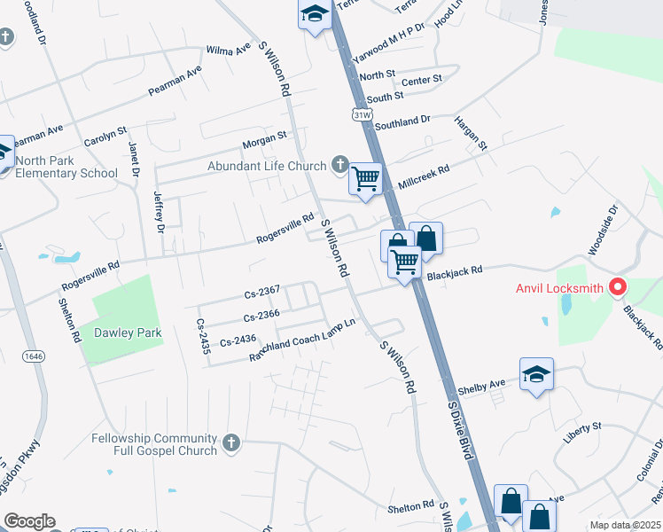 map of restaurants, bars, coffee shops, grocery stores, and more near 1715 South Wilson Road in Radcliff