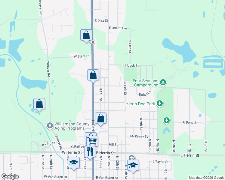 map of restaurants, bars, coffee shops, grocery stores, and more near 1600-1698 North 13th Street in Herrin