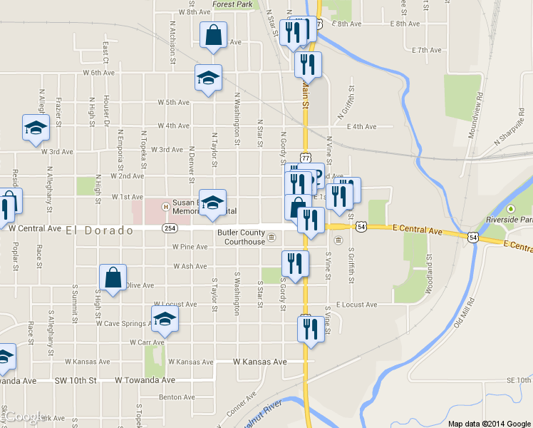 map of restaurants, bars, coffee shops, grocery stores, and more near 116 North Star Street in El Dorado