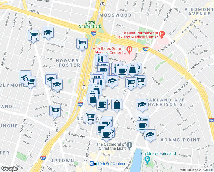 map of restaurants, bars, coffee shops, grocery stores, and more near 29th Street & McClure Street in Oakland