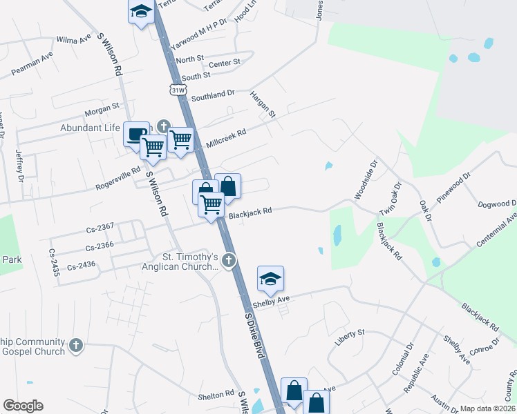 map of restaurants, bars, coffee shops, grocery stores, and more near 300-312 Blackjack Road in Radcliff