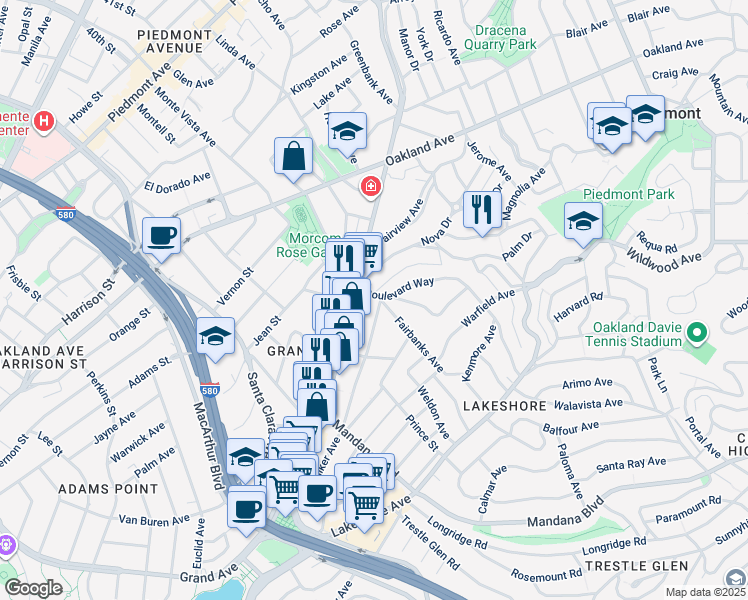 map of restaurants, bars, coffee shops, grocery stores, and more near 1073 Walker Avenue in Oakland