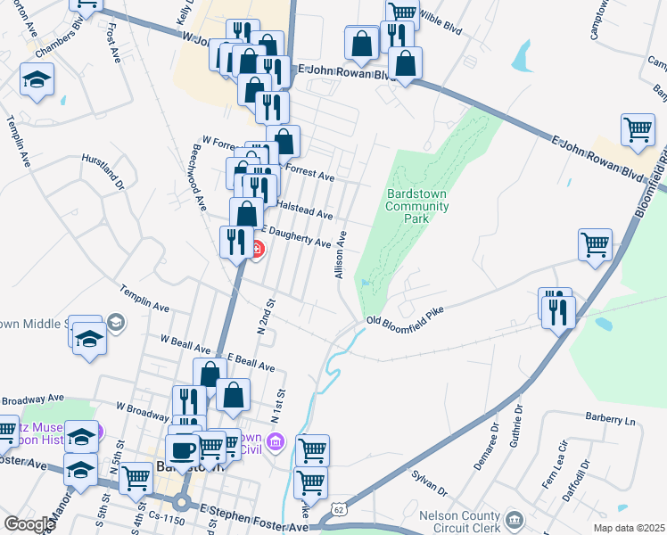 map of restaurants, bars, coffee shops, grocery stores, and more near 628 Allison Avenue in Bardstown
