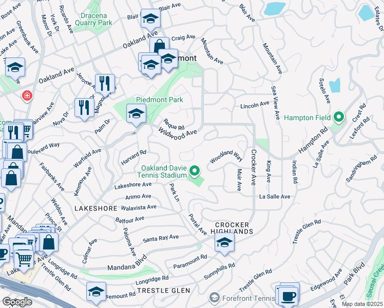 map of restaurants, bars, coffee shops, grocery stores, and more near 40 Wildwood Gardens in Piedmont
