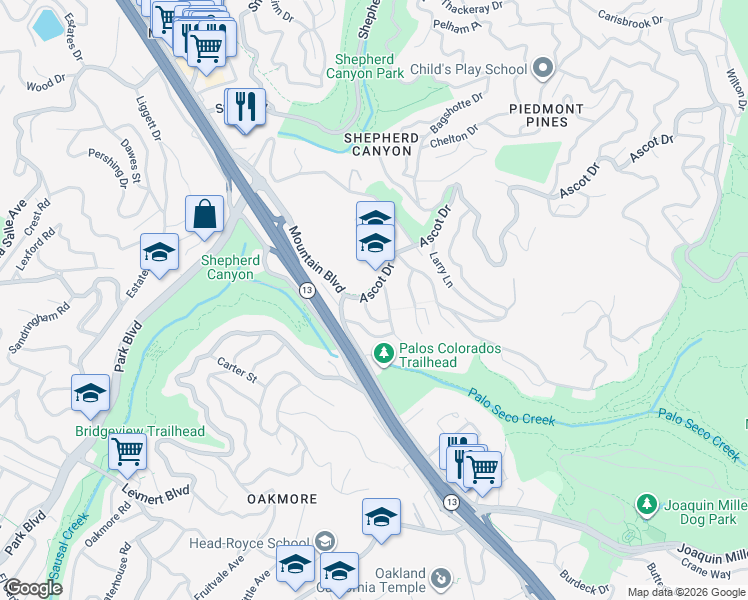 map of restaurants, bars, coffee shops, grocery stores, and more near 5500 Ascot Drive in Oakland