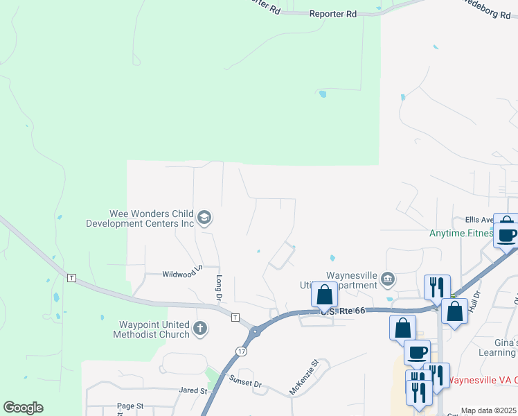 map of restaurants, bars, coffee shops, grocery stores, and more near 101 Pioneer Court in Waynesville