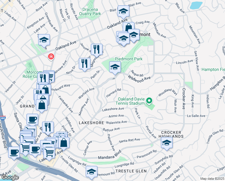 map of restaurants, bars, coffee shops, grocery stores, and more near 1071 Harvard Road in Piedmont