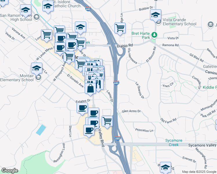 map of restaurants, bars, coffee shops, grocery stores, and more near 35 Laurel Drive in Danville