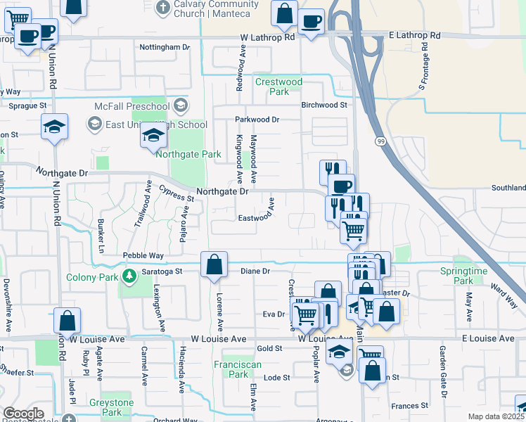 map of restaurants, bars, coffee shops, grocery stores, and more near 405 Ashwood Court in Manteca