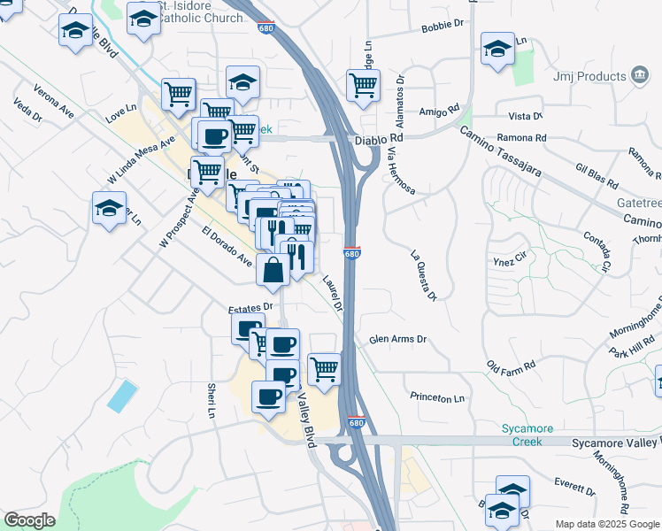 map of restaurants, bars, coffee shops, grocery stores, and more near 35 Laurel Drive in Danville
