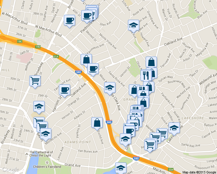 map of restaurants, bars, coffee shops, grocery stores, and more near 196 Santa Clara Avenue in Oakland