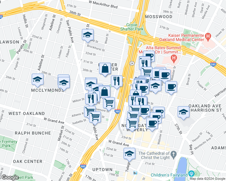 map of restaurants, bars, coffee shops, grocery stores, and more near 627 28th Street in Oakland