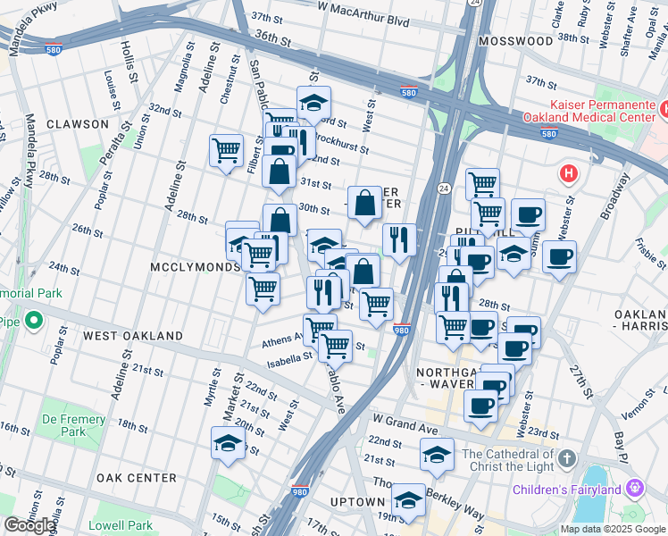 map of restaurants, bars, coffee shops, grocery stores, and more near 2212 West Street in Oakland
