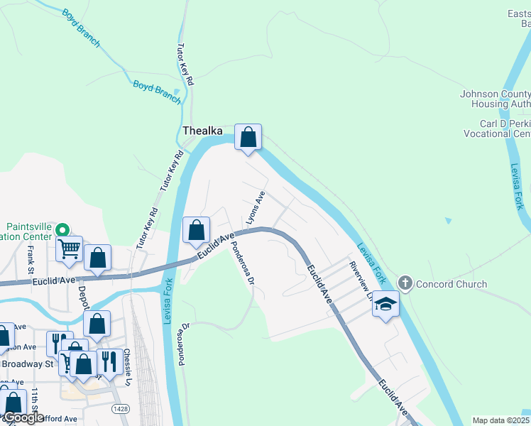 map of restaurants, bars, coffee shops, grocery stores, and more near 1025 Euclid Avenue in Paintsville