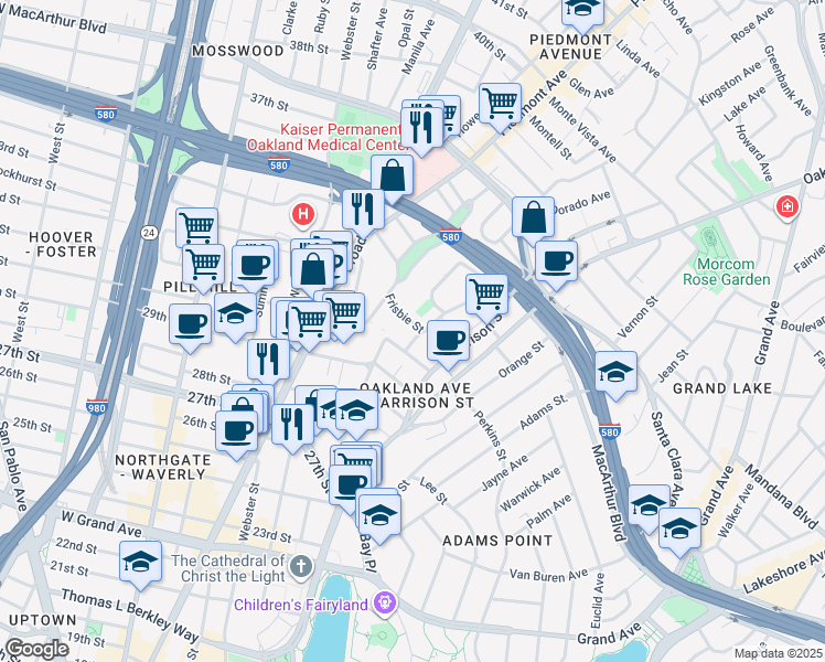 map of restaurants, bars, coffee shops, grocery stores, and more near 163 Frisbie Street in Oakland