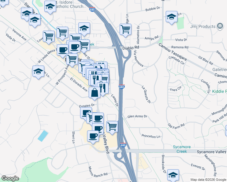 map of restaurants, bars, coffee shops, grocery stores, and more near 35 Laurel Drive in Danville