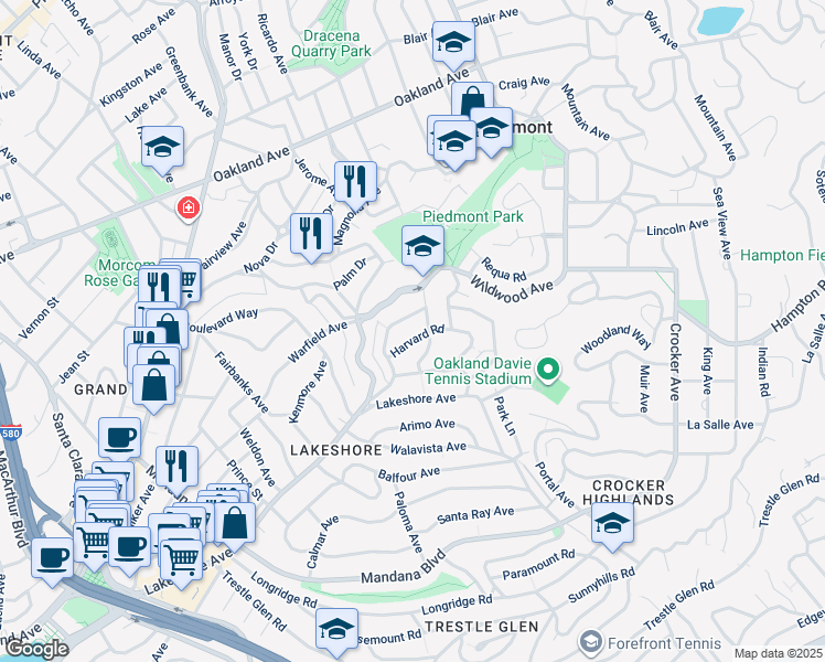 map of restaurants, bars, coffee shops, grocery stores, and more near 1071 Harvard Road in Piedmont