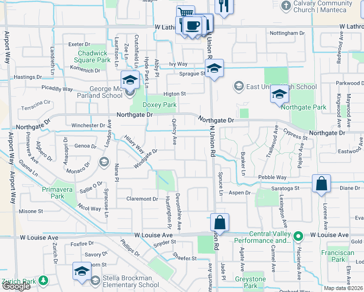 map of restaurants, bars, coffee shops, grocery stores, and more near 1437 Quincy Avenue in Manteca