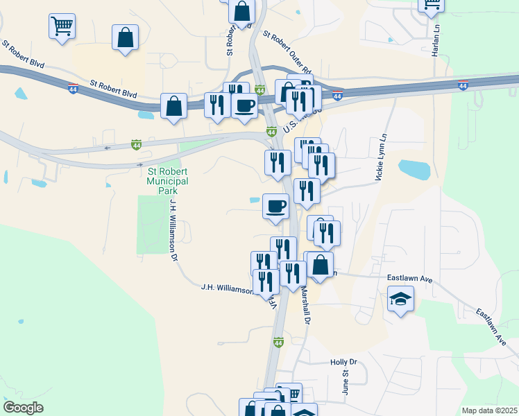 map of restaurants, bars, coffee shops, grocery stores, and more near 109 Bogad Street in Saint Robert
