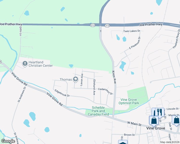 map of restaurants, bars, coffee shops, grocery stores, and more near 808 Charlene Drive in Vine Grove