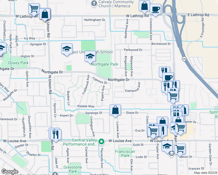 map of restaurants, bars, coffee shops, grocery stores, and more near 1414 Pajaro Avenue in Manteca