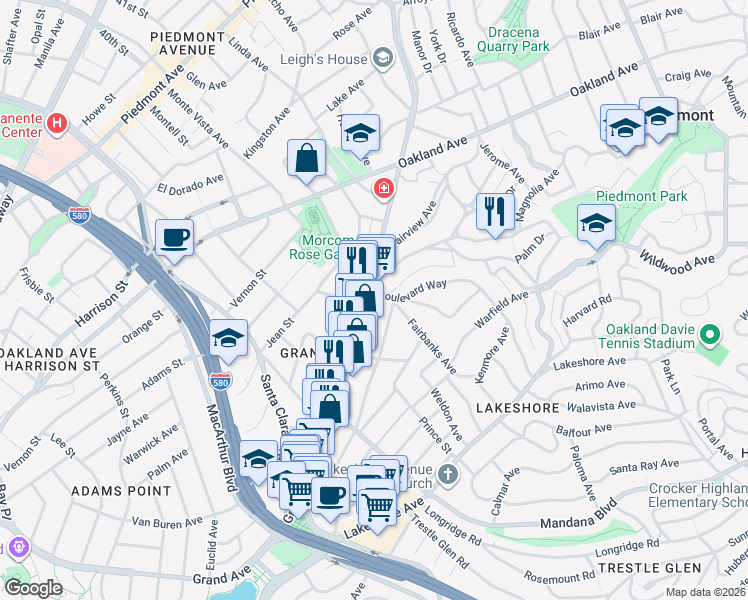 map of restaurants, bars, coffee shops, grocery stores, and more near 570 Grand Avenue in Oakland