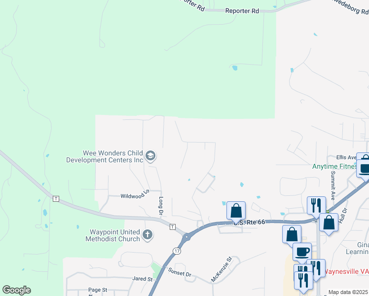 map of restaurants, bars, coffee shops, grocery stores, and more near 100 Pioneer Court in Waynesville