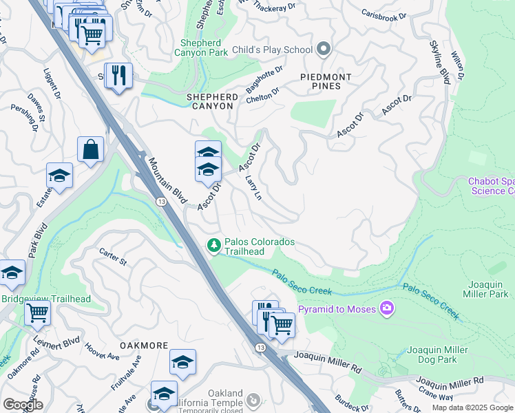 map of restaurants, bars, coffee shops, grocery stores, and more near 2698 Mountaingate Way in Oakland