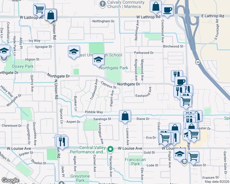 map of restaurants, bars, coffee shops, grocery stores, and more near 1414 Pajaro Avenue in Manteca