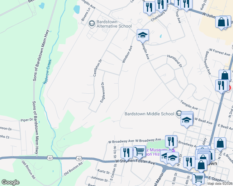 map of restaurants, bars, coffee shops, grocery stores, and more near 130-168 Windsor Avenue in Bardstown