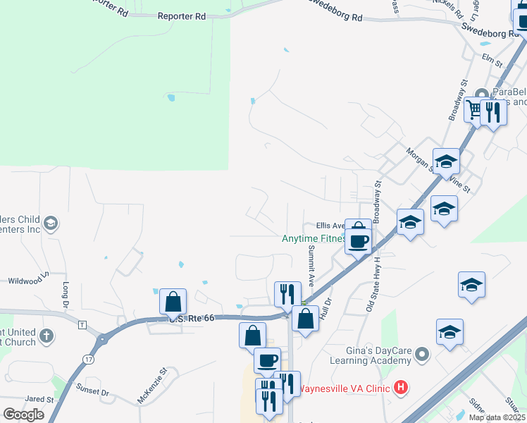 map of restaurants, bars, coffee shops, grocery stores, and more near 103 Viren Lane in Waynesville