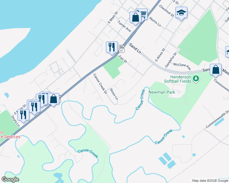 map of restaurants, bars, coffee shops, grocery stores, and more near Sioux Ln in Henderson