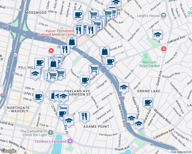 map of restaurants, bars, coffee shops, grocery stores, and more near 3210 Harrison Street in Oakland