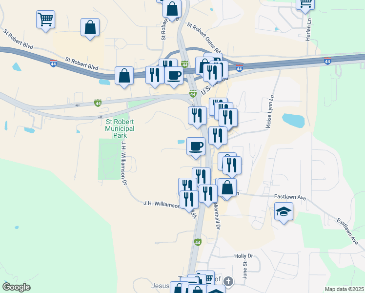 map of restaurants, bars, coffee shops, grocery stores, and more near 101 Bogad Street in Saint Robert